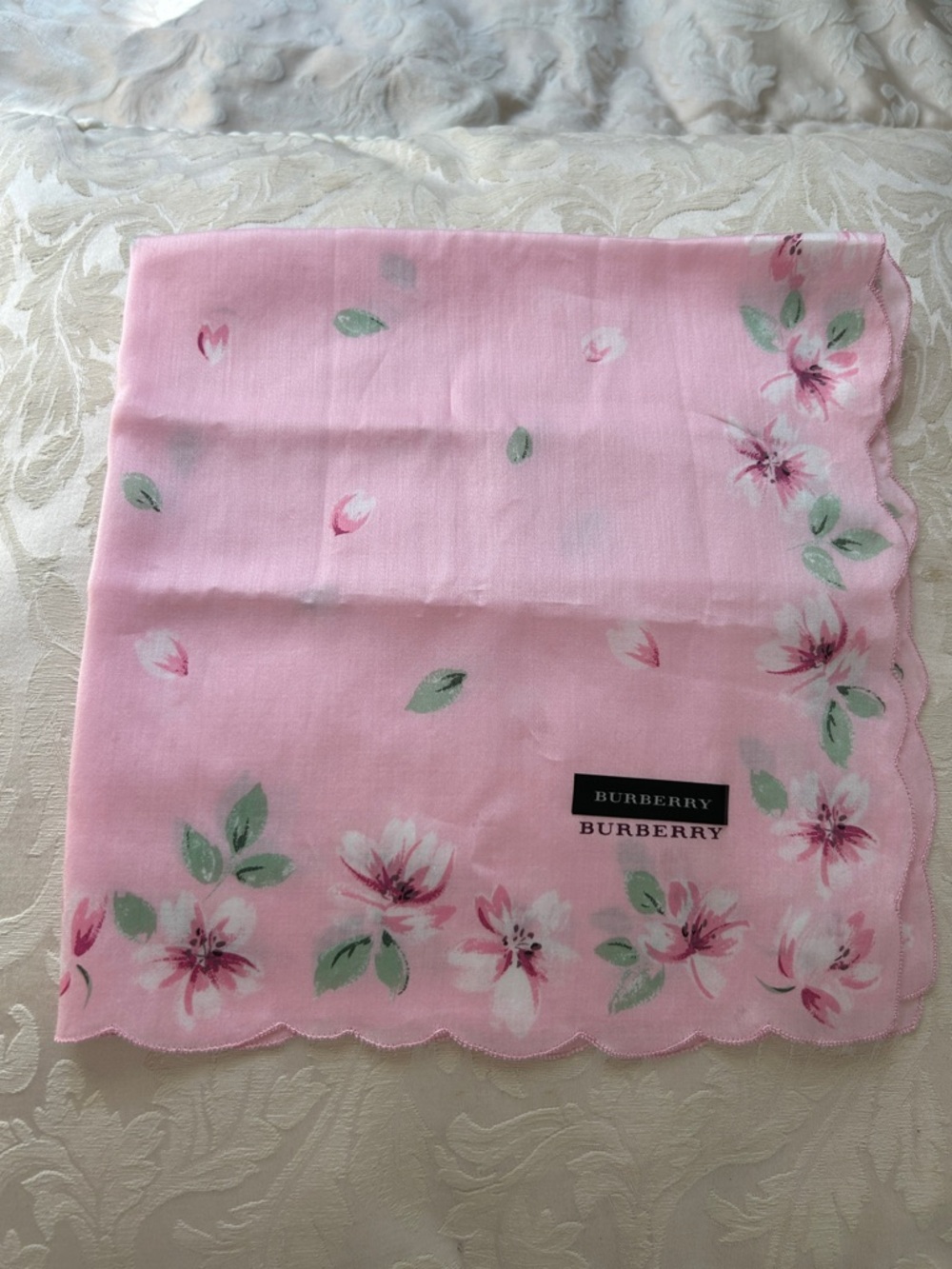7038. Burberry Pink Floral Cotton Hankerchief / Twilly Approximately 19” x 19”